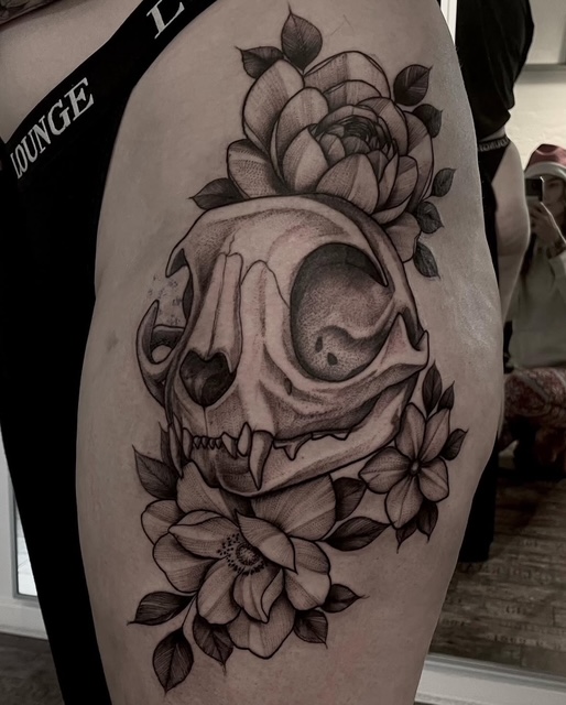 blackwork cat skull tattoo design 